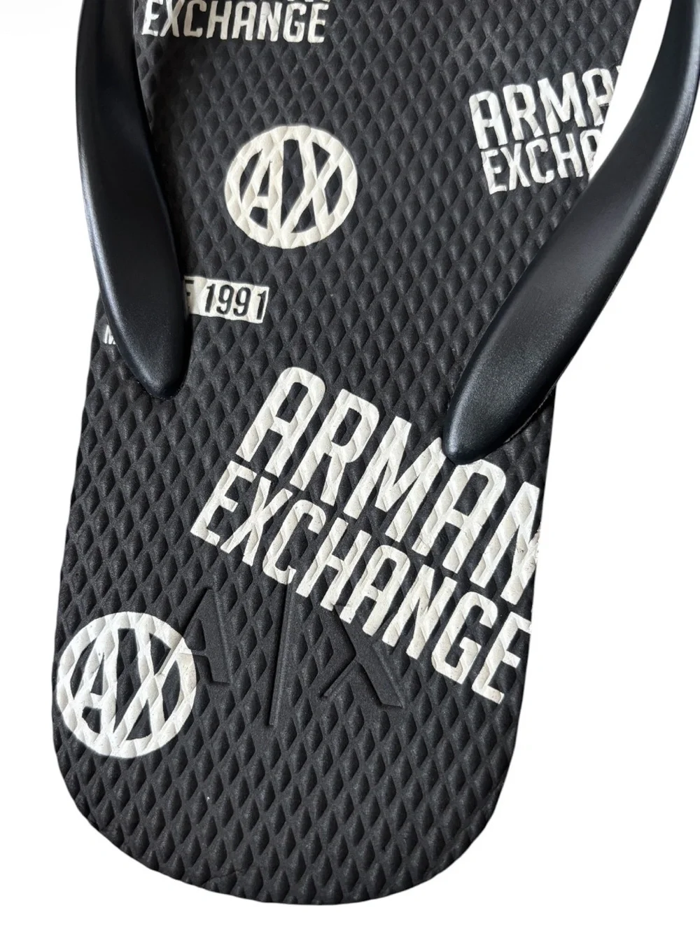 Armani Exchange Black Flip Flop Sandals with White Logo Print